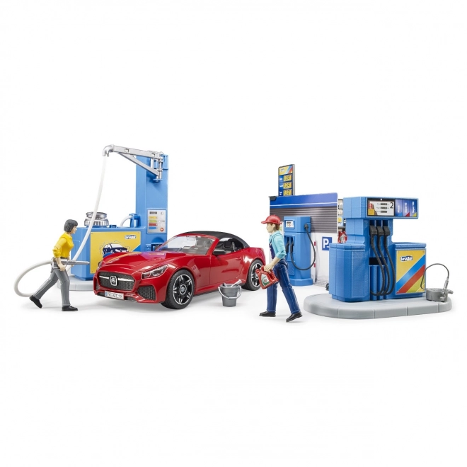 Bruder Gas Station with Car and 2 Figures