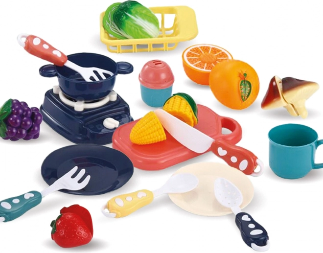 Kids’ kitchen set in a basket – blue