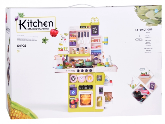 Interactive Cooking Toy Kitchen with Lights and Sounds, Water Steam with Accessories