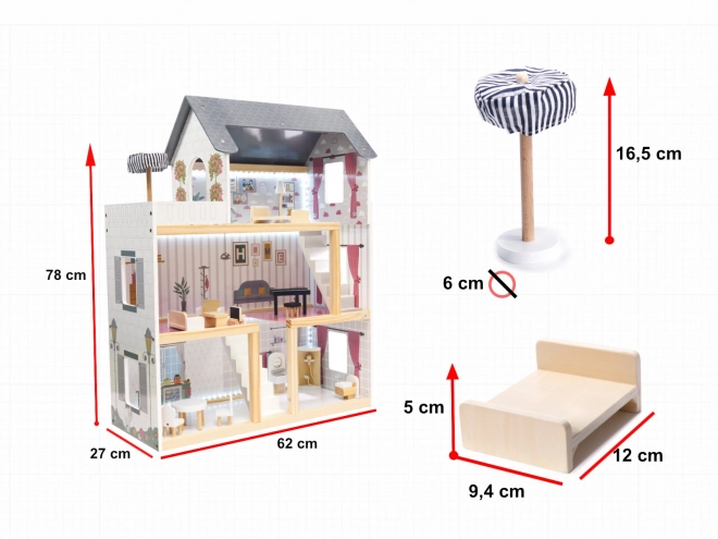 Wooden Dollhouse with LED Lighting