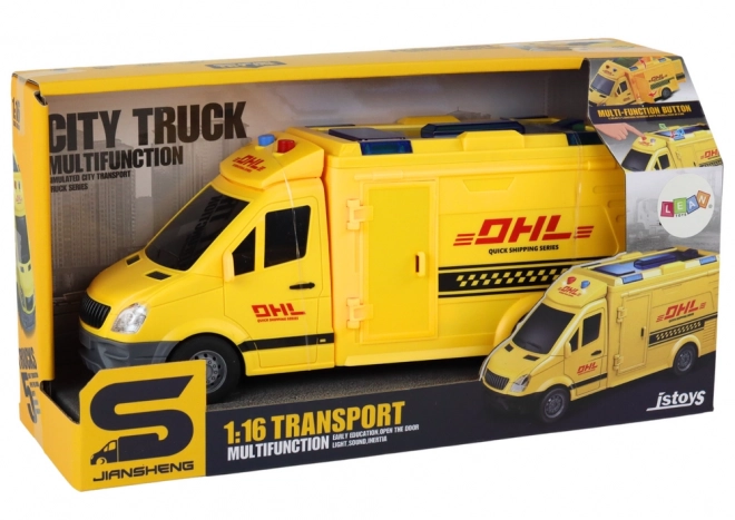 Yellow Friction-Powered Delivery Vehicle with Lights and Sounds