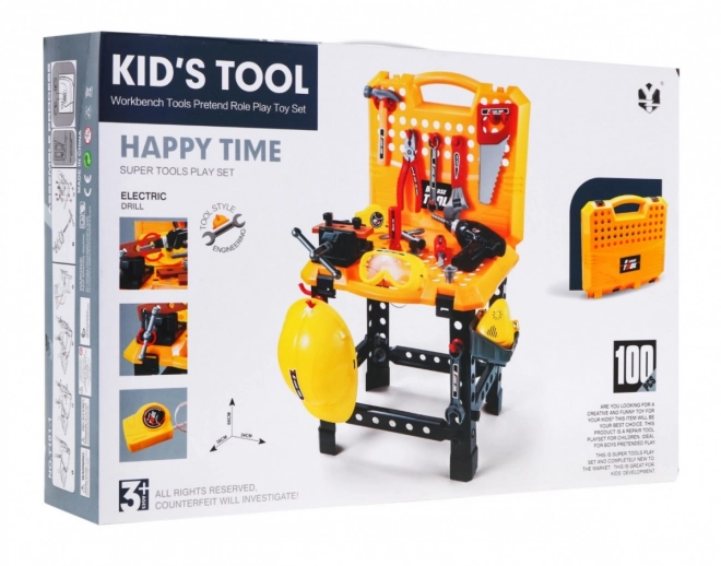 3-in-1 Kids Tool Set Workshop 100 Pieces Suitcase and Workbench With Builder Costume