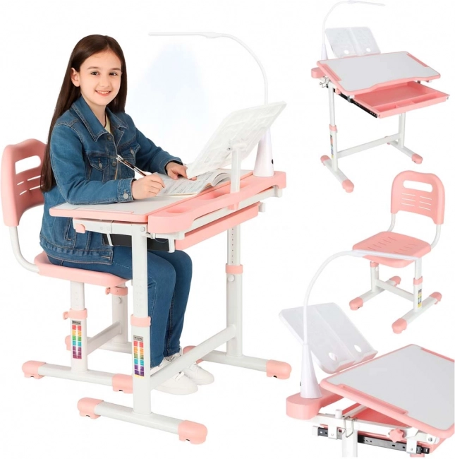 Children’s adjustable desk with chair and LED lamp, pink