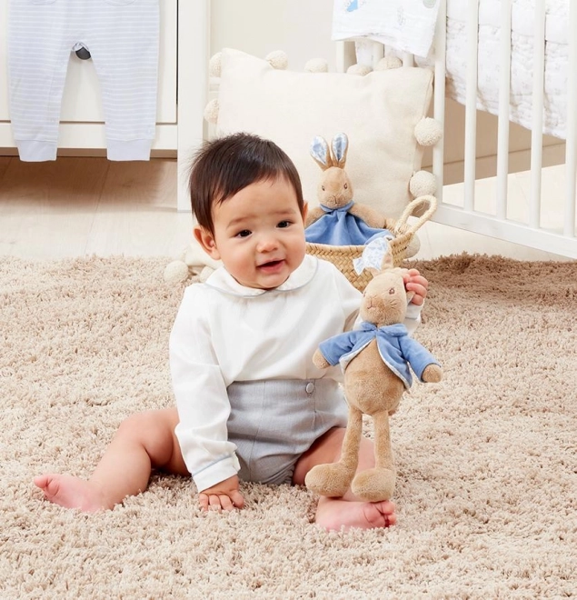 Rainbow plush Peter Rabbit in blue jacket with long ears