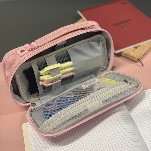 Large Pink School Pencil Case - Foldable Double Compartment