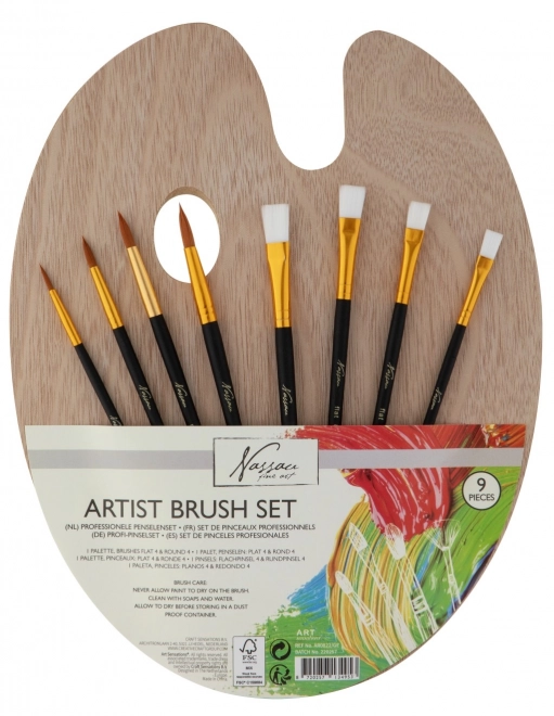 Wooden artist palette with 4 flat/round brushes