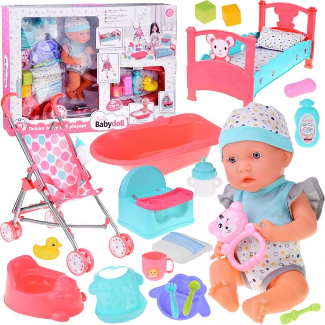 Baby Doll Set with Stroller, Cradle, and Bath Accessories