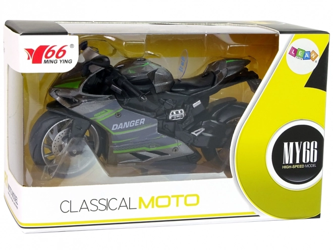 Gray and Green Pull-Back Toy Motorcycle with Lights and Sound 1:12 Scale