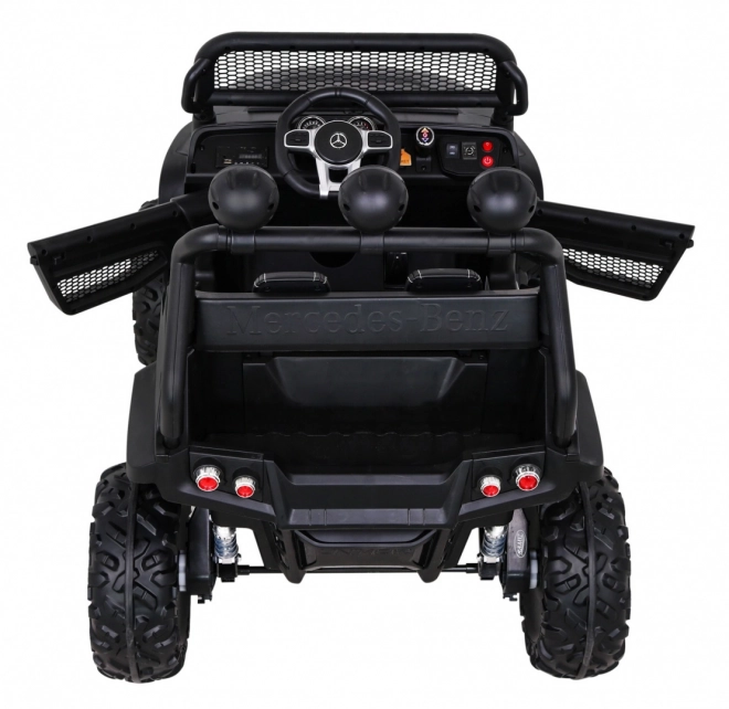 Mercedes Benz Unimog pro děti černý + pohon 4x4 + dálkové ovládání + zavazadlový prostor + pomalý start + MP3 LED