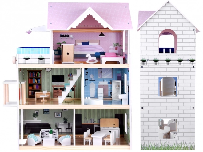 Wooden Dollhouse with Pool, Elevator, Furniture, and LED Lights