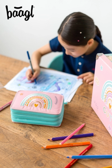 Pink Rainbow Three-Compartment School Pencil Case