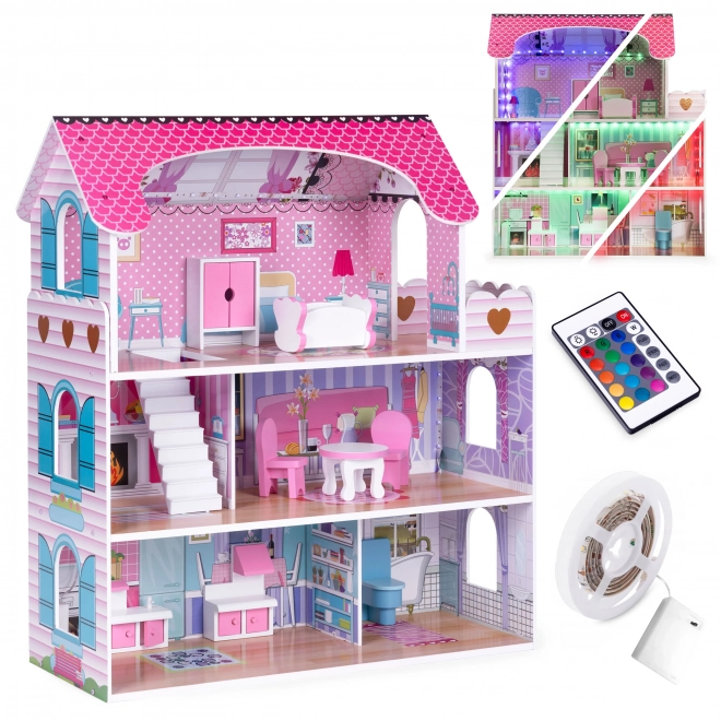 Wooden Dollhouse with LED Lighting and Furniture Set