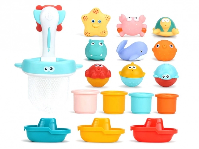 Colorful Bath Toy Set with Organizer and Boats