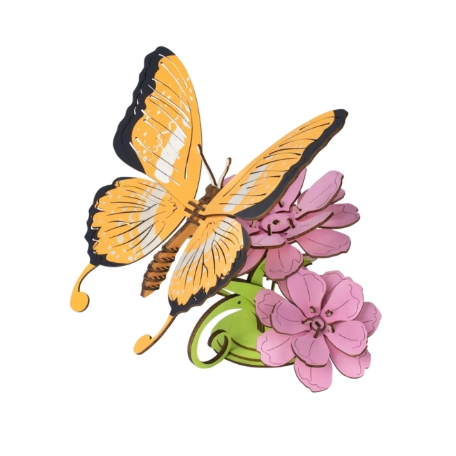 Colorful 3D Wooden Puzzle Butterfly on Flowers