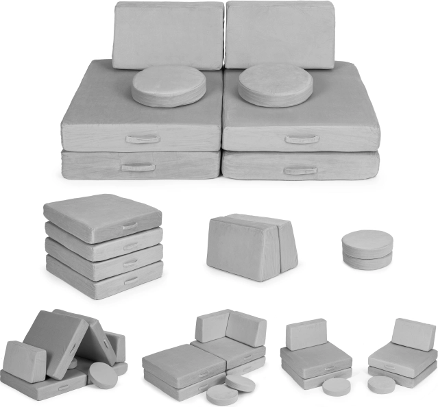 Großes faltbares modulares Kindersofa DIY, 8 weiche Kissen – grau ECOTOYS