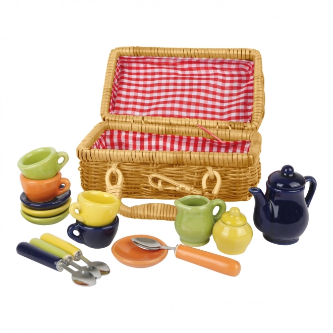 Picnic Basket with Colorful Ceramic Dishware