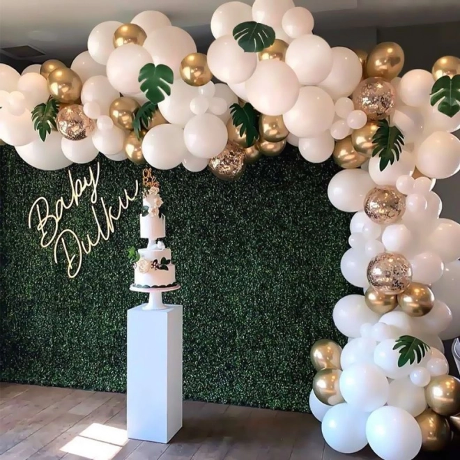 Balloon Garland with White Gold and Leaves