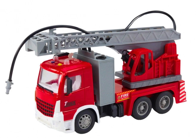 Friction-powered fire truck with extendable ladder, lights, and sounds