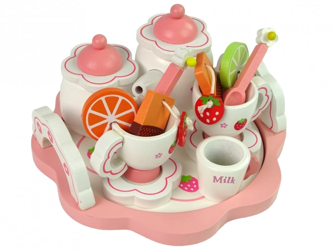 Wooden Tea Set with Pink Flowers