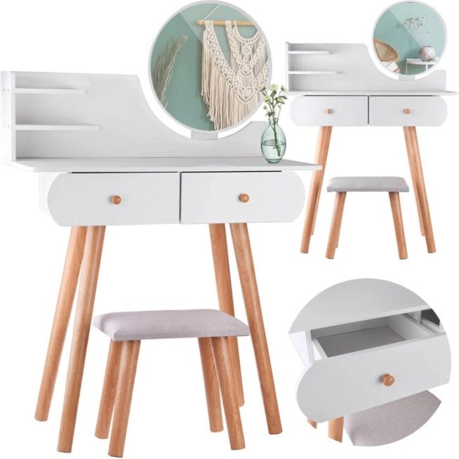 White vanity with mirror stool and drawers in Scandinavian style ZA4820