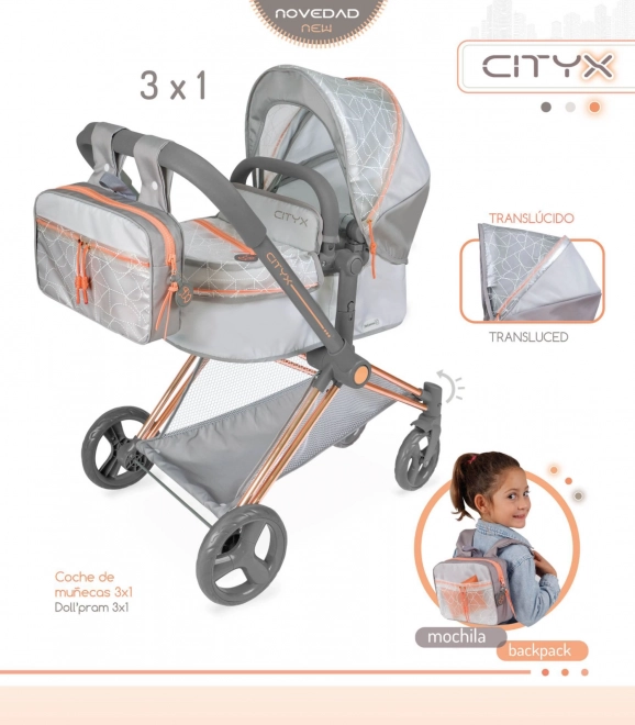 Folding 3-in-1 Doll Stroller with Backpack City X 2024