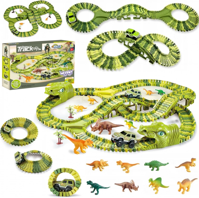 Piste de course de dinosaures avec petite voiture et figurines
