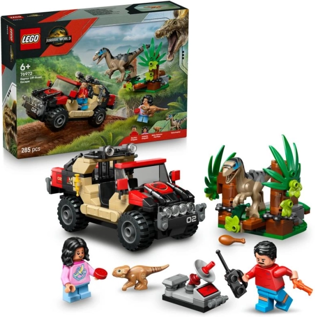 Konstrukcijski komplet LEGO Jurassic World: Pobeg s terenskim vozilom pred velociraptorjem