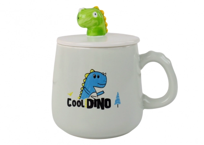 Ceramic blue dinosaur mug with lid and spoon