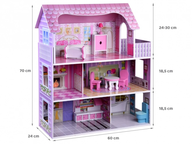 Wooden Dollhouse with Furniture and LED Lights