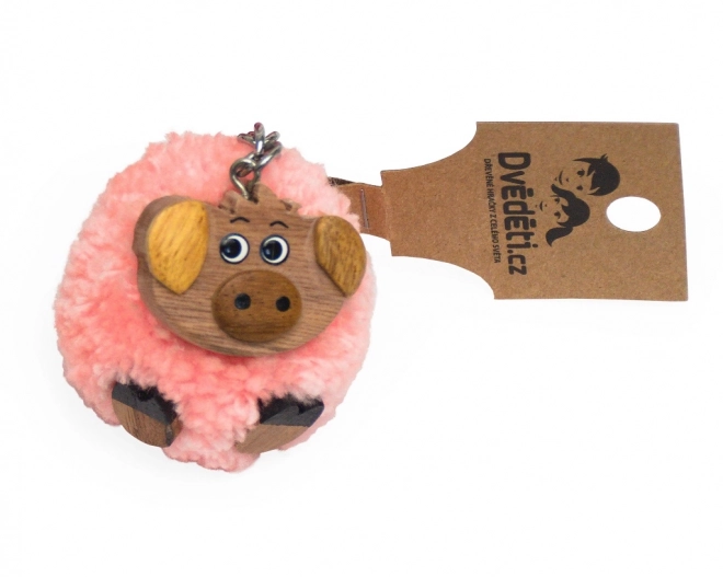 Wooden Keychain with Pompon - Pig Design