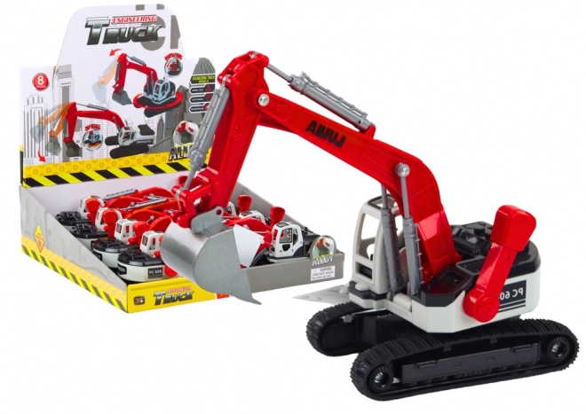 White and Red Metal Excavator with Rotating Cabin