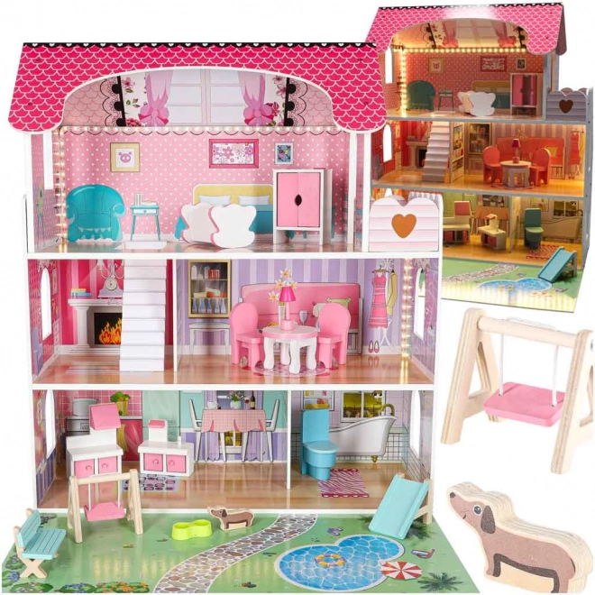 Maison de poupées en bois avec éclairage LED et jardin 70 cm rose