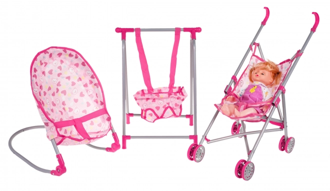 3-in-1 Doll Care Playset with Pink Stroller, Swing, Rocker and Doll