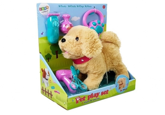 Plush Puppy on a Leash with Accessories