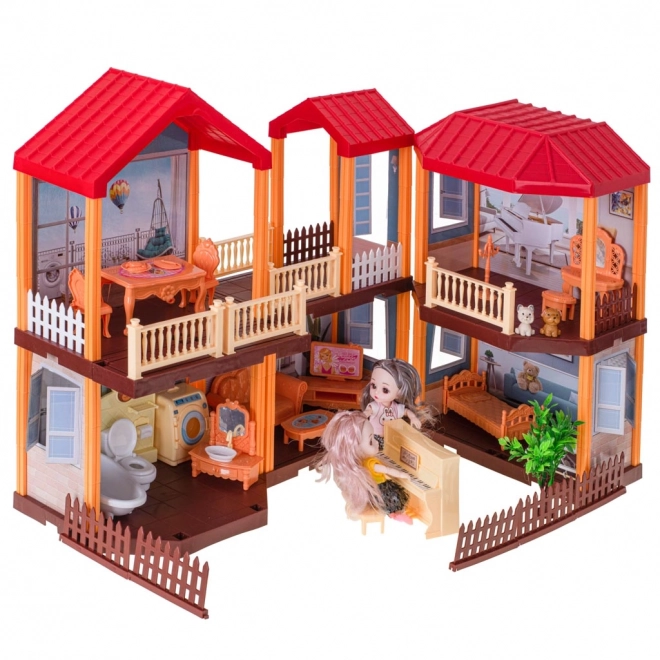 Doll House Villa with Red Roof, Lighting & Furniture Set