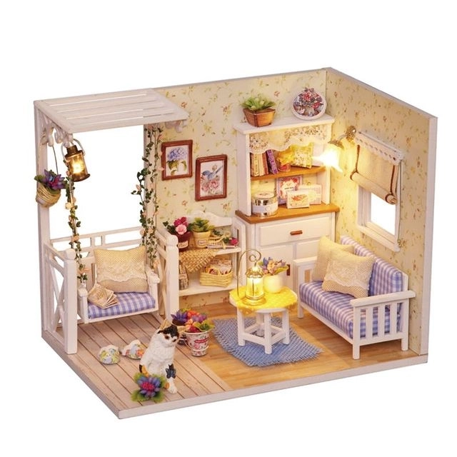 Wooden Dollhouse in Retro Style with Furniture