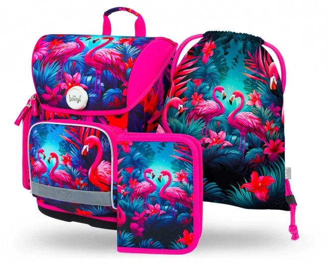 Baagl School Set with Flamingos: Backpack, Pencil Case, Bag