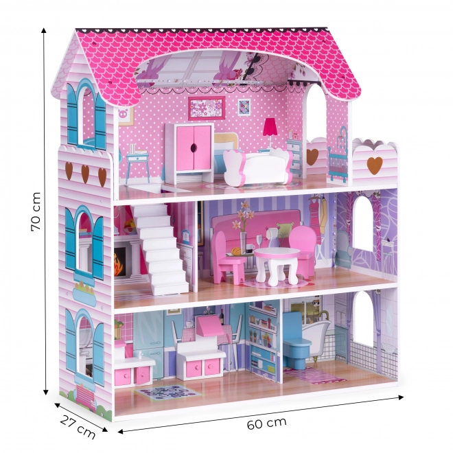 Wooden Dollhouse with LED Lighting and Furniture Set