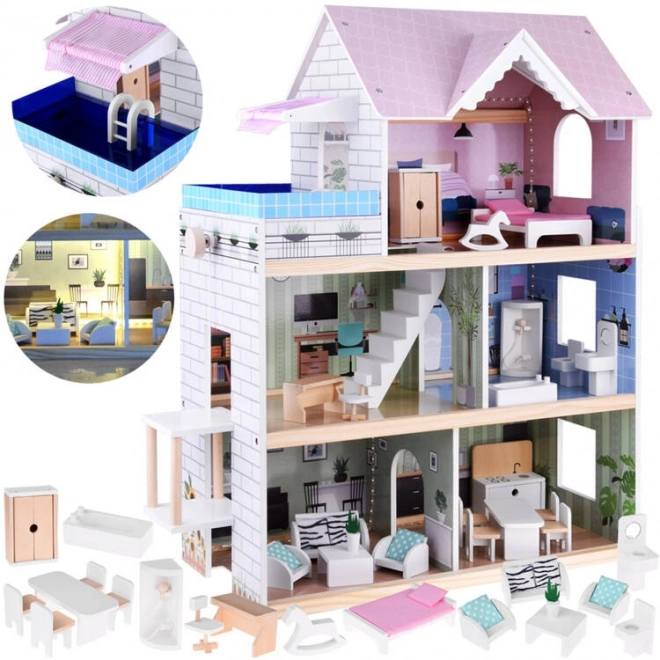 Wooden Dollhouse with Pool, Elevator, Furniture, and LED Lights