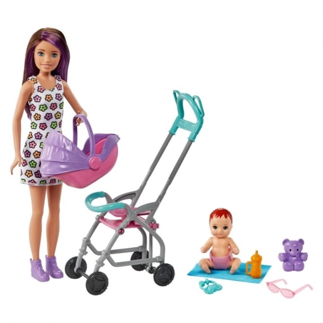 Barbie Doll Nanny Skipper Stroller + Baby Set