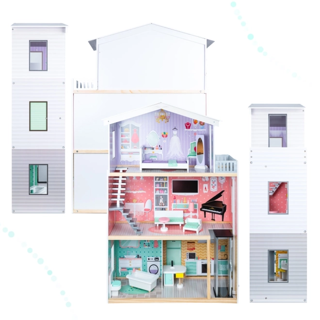 Wooden Dollhouse with Pastel Furniture