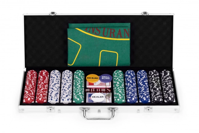Poker és Blackjack készlet – 500 zseton, 2 pakli kártya, kockák, játéktábla, zárható táska