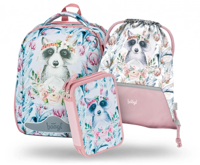 Baagl 3-piece School Set Shelly Raccoon: Backpack, Pencil Case, Shoe Bag