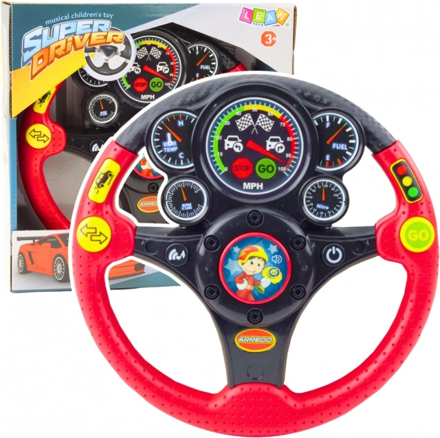 Interactive kids' steering wheel with sound, light, and vibration effects - red