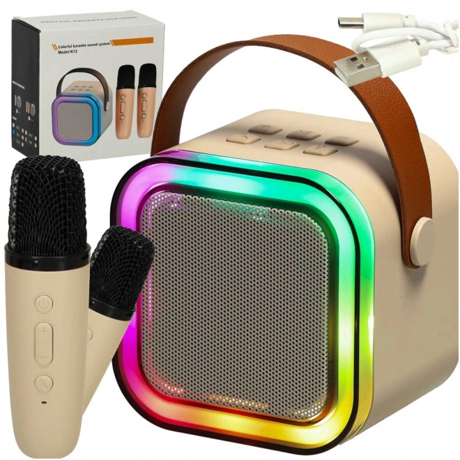Karaoke set 2 mikrofony + přenosný reproduktor BLUETOOTH USB LED béžová barva