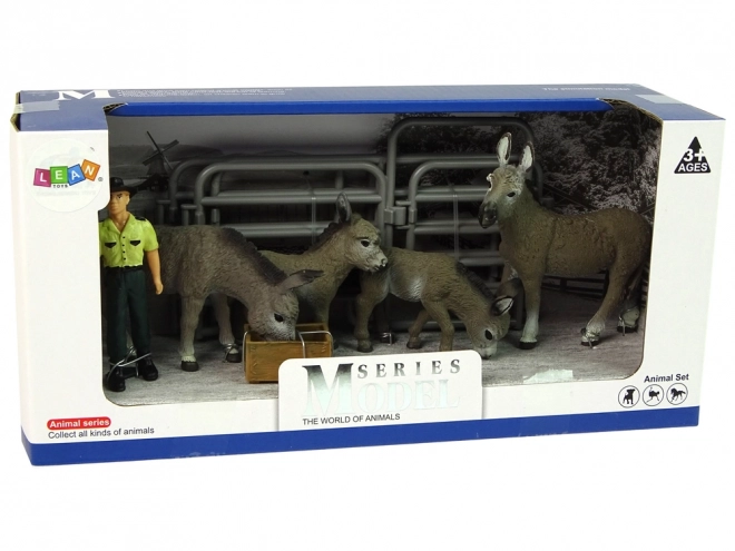 Set of Farm Figures: Four Donkeys, Farmer, and Fence