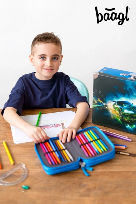 School Pencil Case with Three Compartments Racing Car