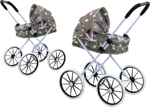 Doll Stroller with Large Wheels and Folding Canopy - Grey with Stars and Clouds