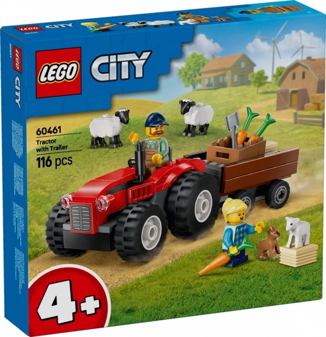 red tractor with trailer and sheep