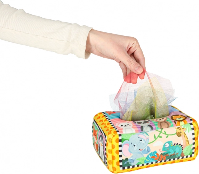 Boîte sensorielle Montessori avec mouchoirs colorés et animaux